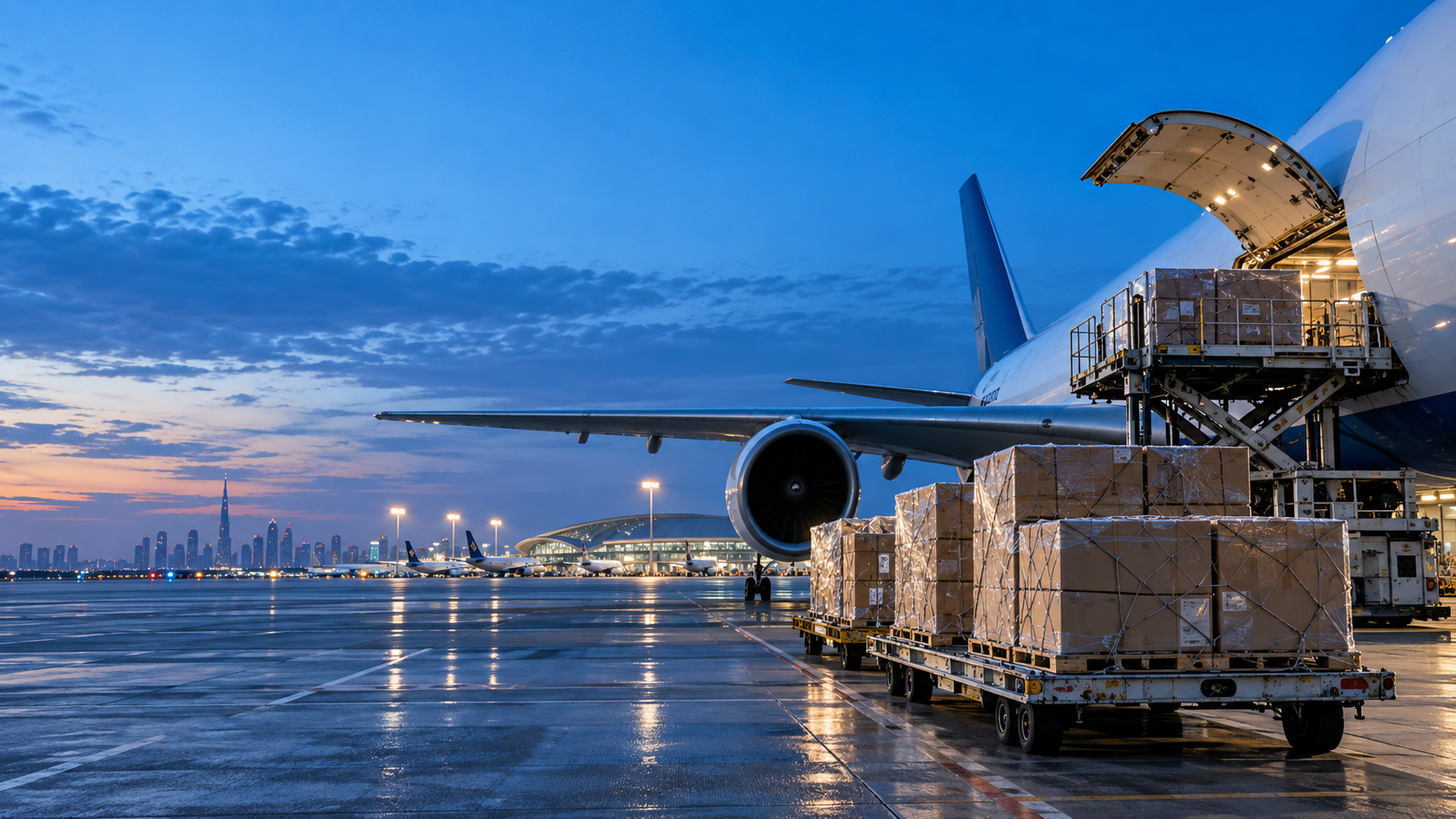 Cargo airplane beside shipping boxes at an airport
